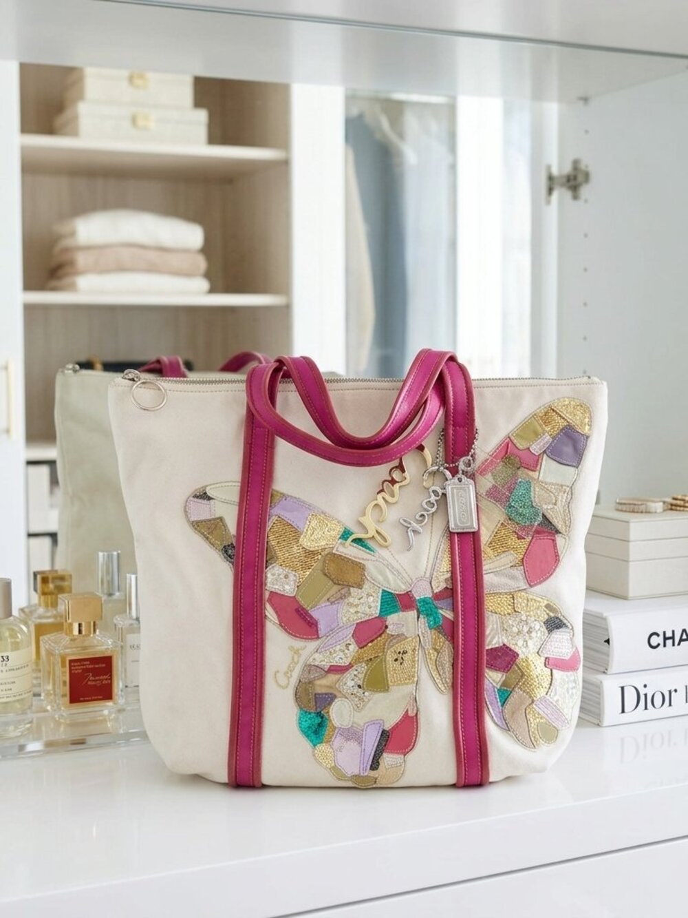 Coach Poppy Glam Sequin Patchwork Butterfly Tote Bag